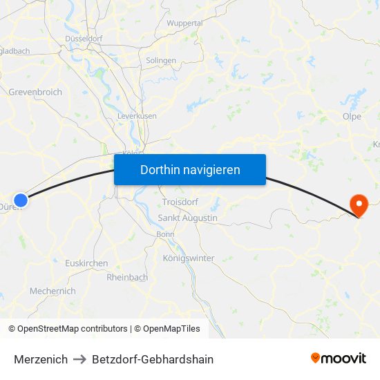 Merzenich to Betzdorf-Gebhardshain map