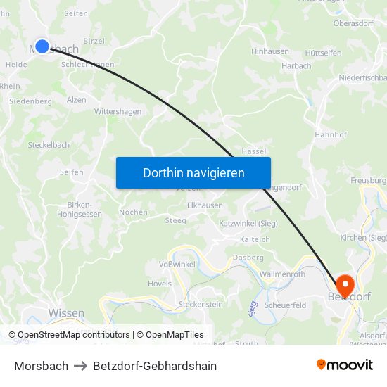 Morsbach to Betzdorf-Gebhardshain map