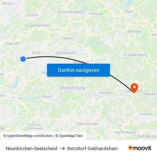 Neunkirchen-Seelscheid to Betzdorf-Gebhardshain map