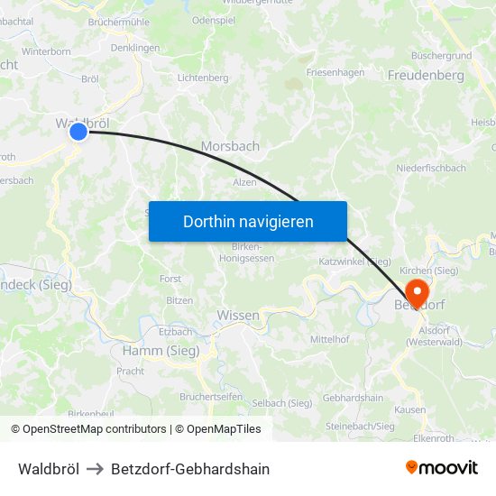 Waldbröl to Betzdorf-Gebhardshain map