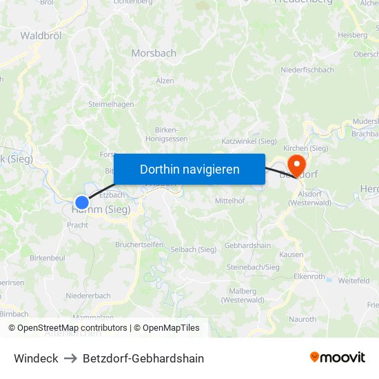Windeck to Betzdorf-Gebhardshain map