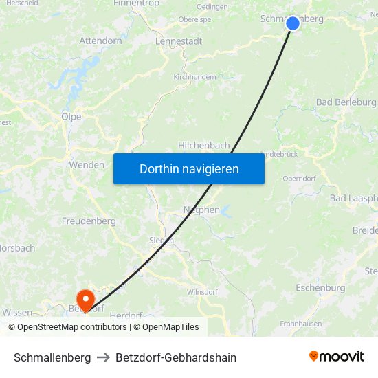 Schmallenberg to Betzdorf-Gebhardshain map