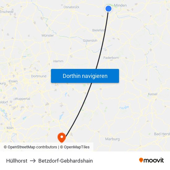 Hüllhorst to Betzdorf-Gebhardshain map