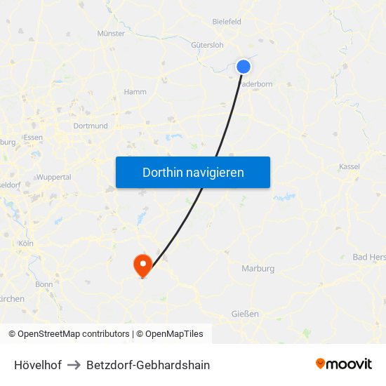 Hövelhof to Betzdorf-Gebhardshain map