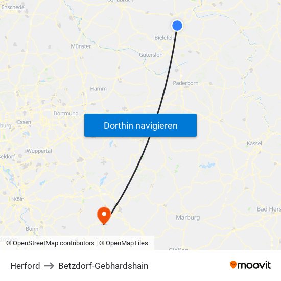 Herford to Betzdorf-Gebhardshain map