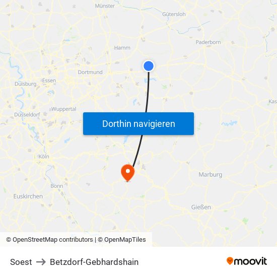 Soest to Betzdorf-Gebhardshain map