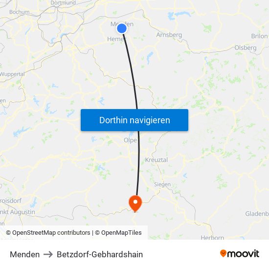 Menden to Betzdorf-Gebhardshain map