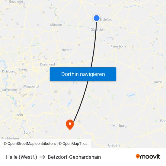 Halle (Westf.) to Betzdorf-Gebhardshain map