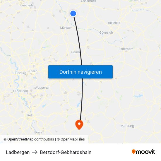 Ladbergen to Betzdorf-Gebhardshain map