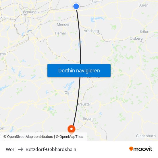 Werl to Betzdorf-Gebhardshain map