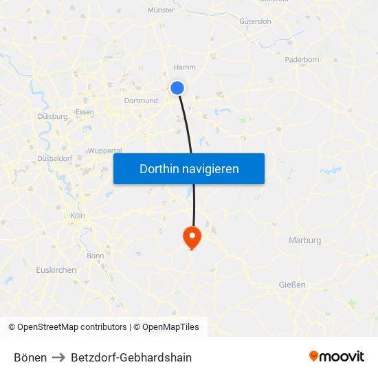 Bönen to Betzdorf-Gebhardshain map