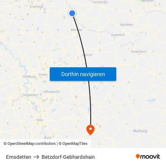 Emsdetten to Betzdorf-Gebhardshain map