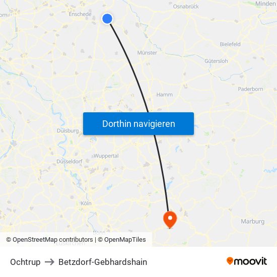 Ochtrup to Betzdorf-Gebhardshain map