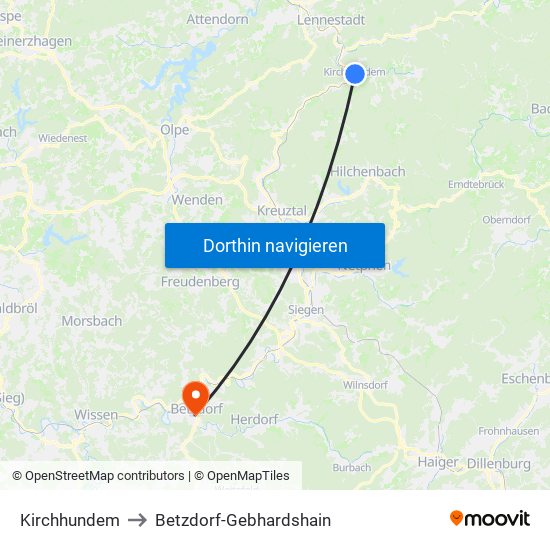 Kirchhundem to Betzdorf-Gebhardshain map