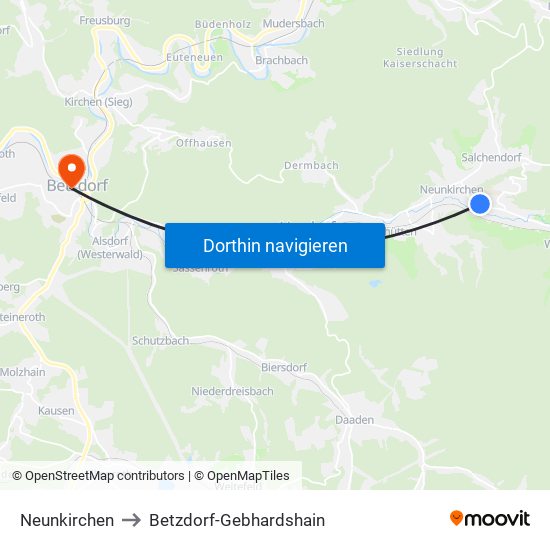 Neunkirchen to Betzdorf-Gebhardshain map