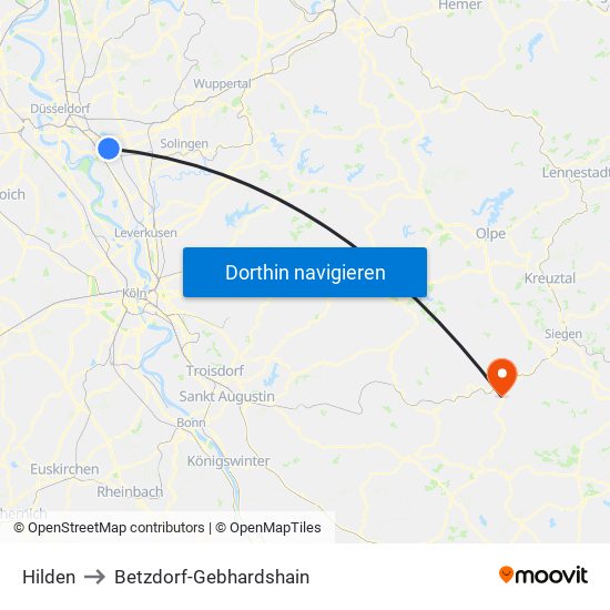 Hilden to Betzdorf-Gebhardshain map