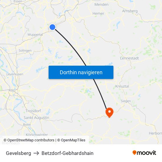 Gevelsberg to Betzdorf-Gebhardshain map