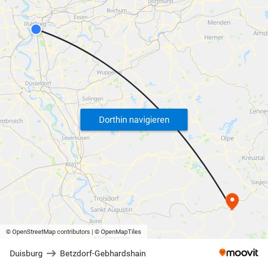 Duisburg to Betzdorf-Gebhardshain map