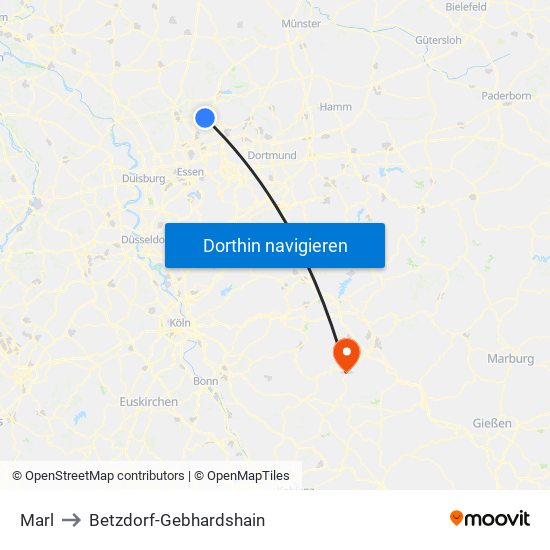 Marl to Betzdorf-Gebhardshain map