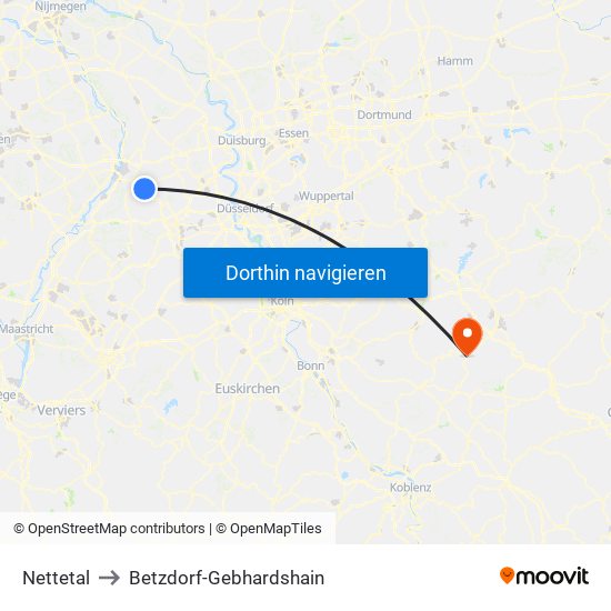 Nettetal to Betzdorf-Gebhardshain map