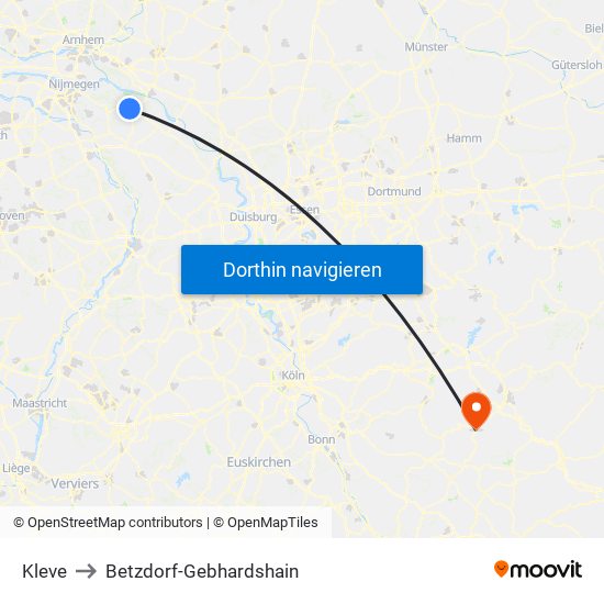 Kleve to Betzdorf-Gebhardshain map