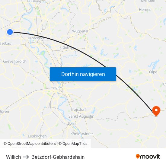 Willich to Betzdorf-Gebhardshain map
