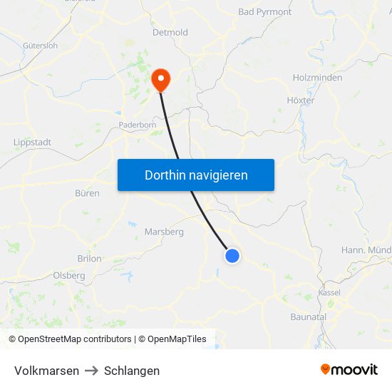 Volkmarsen to Schlangen map