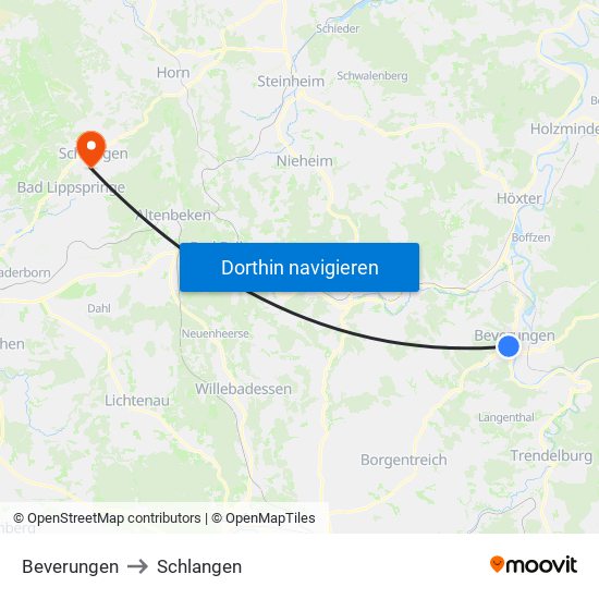 Beverungen to Schlangen map