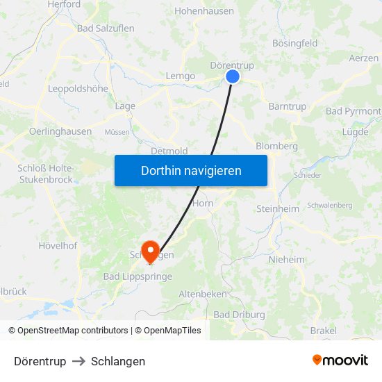 Dörentrup to Schlangen map