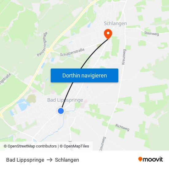 Bad Lippspringe to Schlangen map