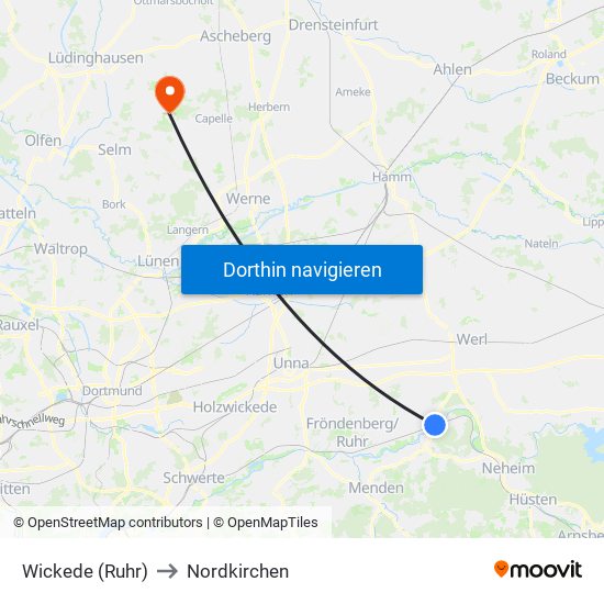 Wickede (Ruhr) to Nordkirchen map