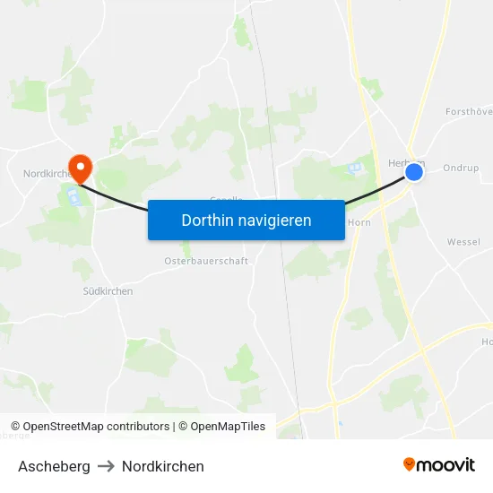 Ascheberg to Nordkirchen map