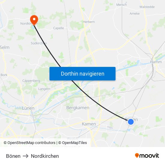 Bönen to Nordkirchen map