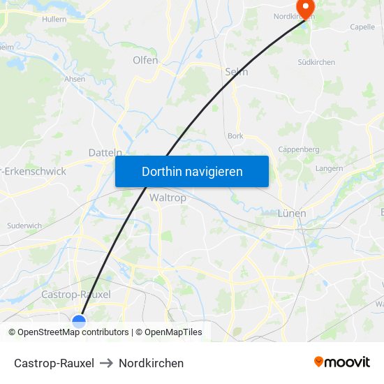 Castrop-Rauxel to Nordkirchen map