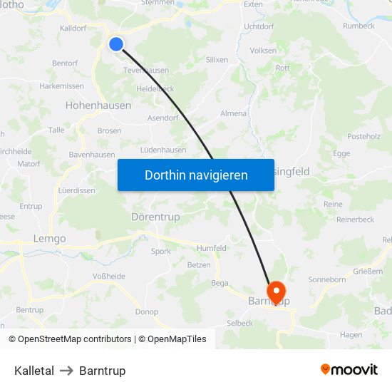 Kalletal to Barntrup map