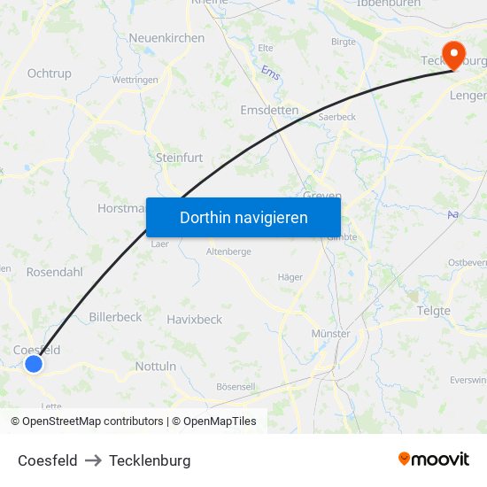 Coesfeld to Tecklenburg map