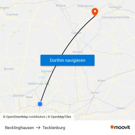 Recklinghausen to Tecklenburg map