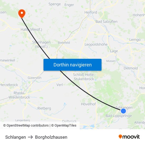 Schlangen to Borgholzhausen map