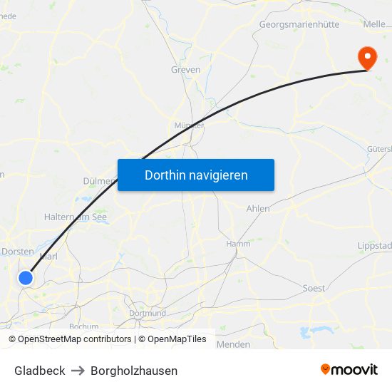 Gladbeck to Borgholzhausen map