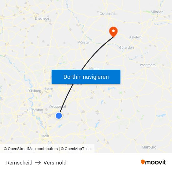 Remscheid to Versmold map