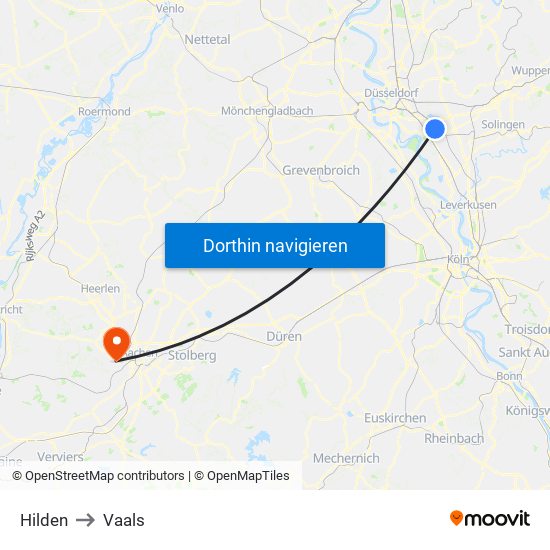 Hilden to Vaals map