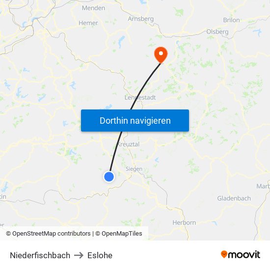 Niederfischbach to Eslohe map