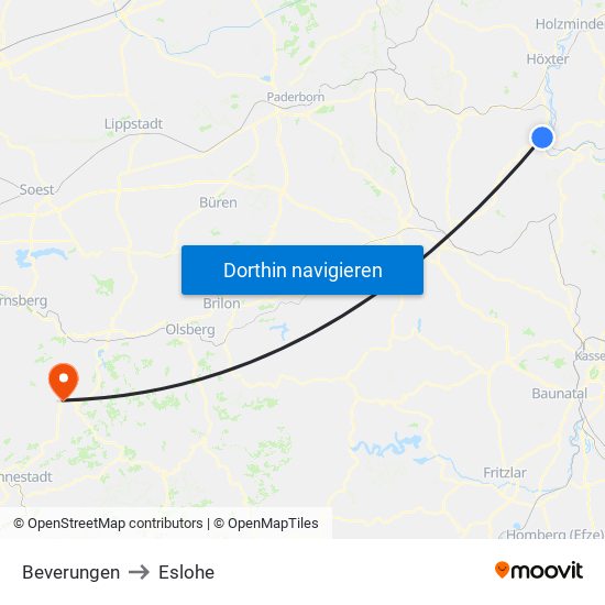 Beverungen to Eslohe map