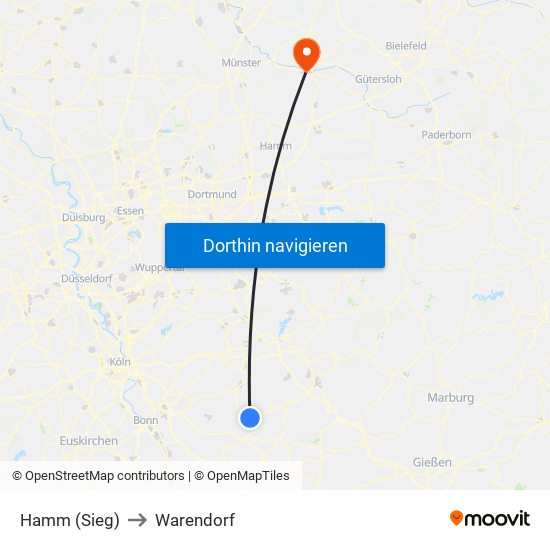 Hamm (Sieg) to Warendorf map