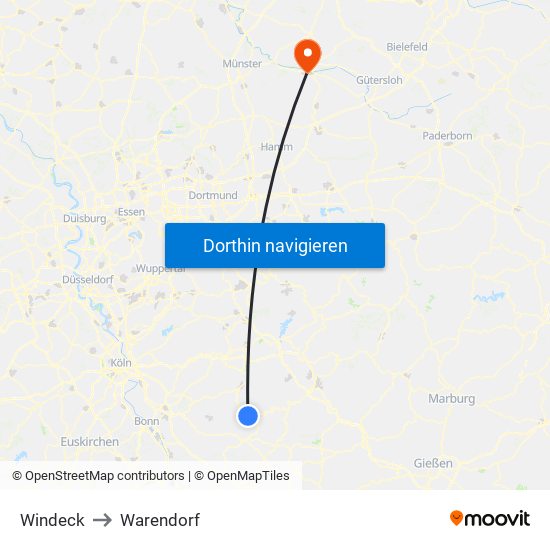 Windeck to Warendorf map