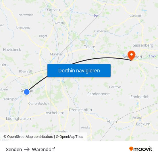 Senden to Warendorf map