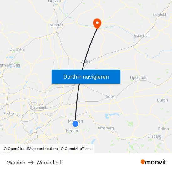 Menden to Warendorf map