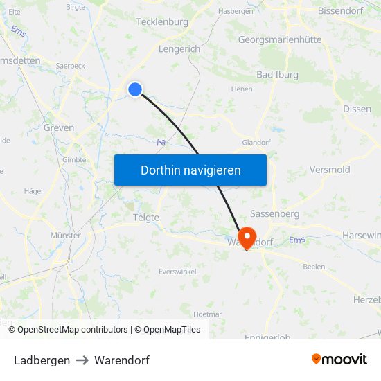 Ladbergen to Warendorf map