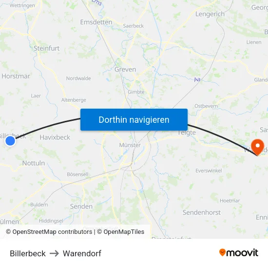 Billerbeck to Warendorf map