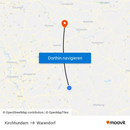 Kirchhundem to Warendorf map